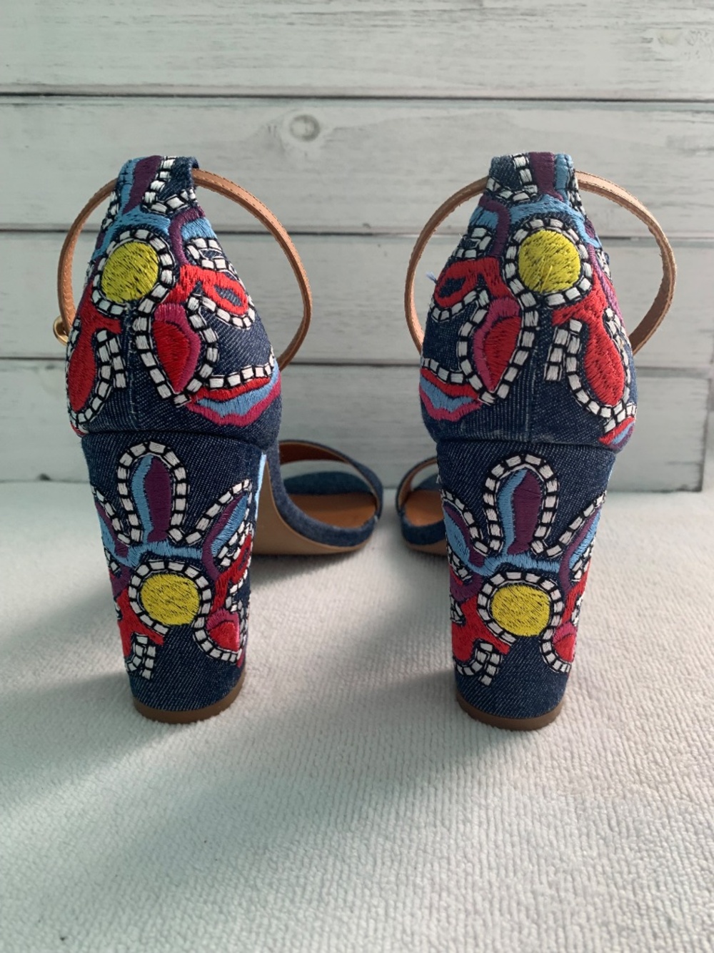 Only Denim Embroidered Block High Heel Sandals Brazilian Statement Shoes 39 - Picture 2 of 6